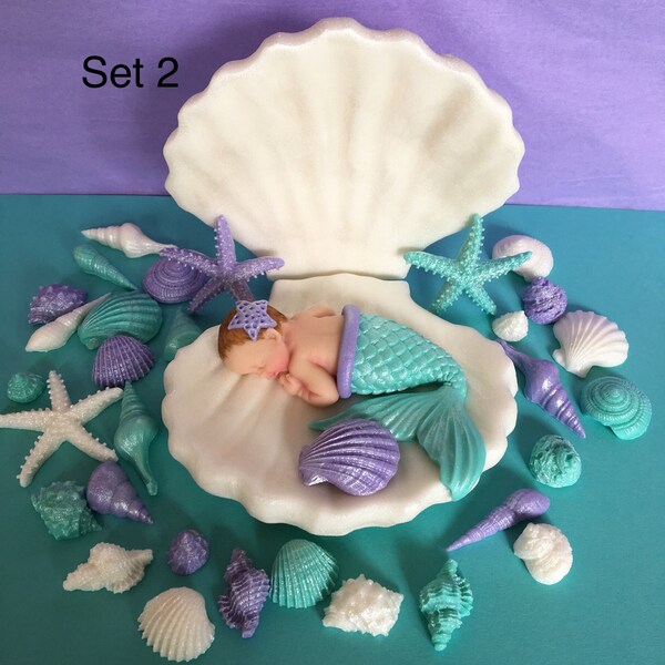 Mermaid Cake Topper, Mermaid Baby Shower Fondant Cake Topper, Sleeping Baby Mermaid Fondant Cake Topper, Mermaid  Party Decoration