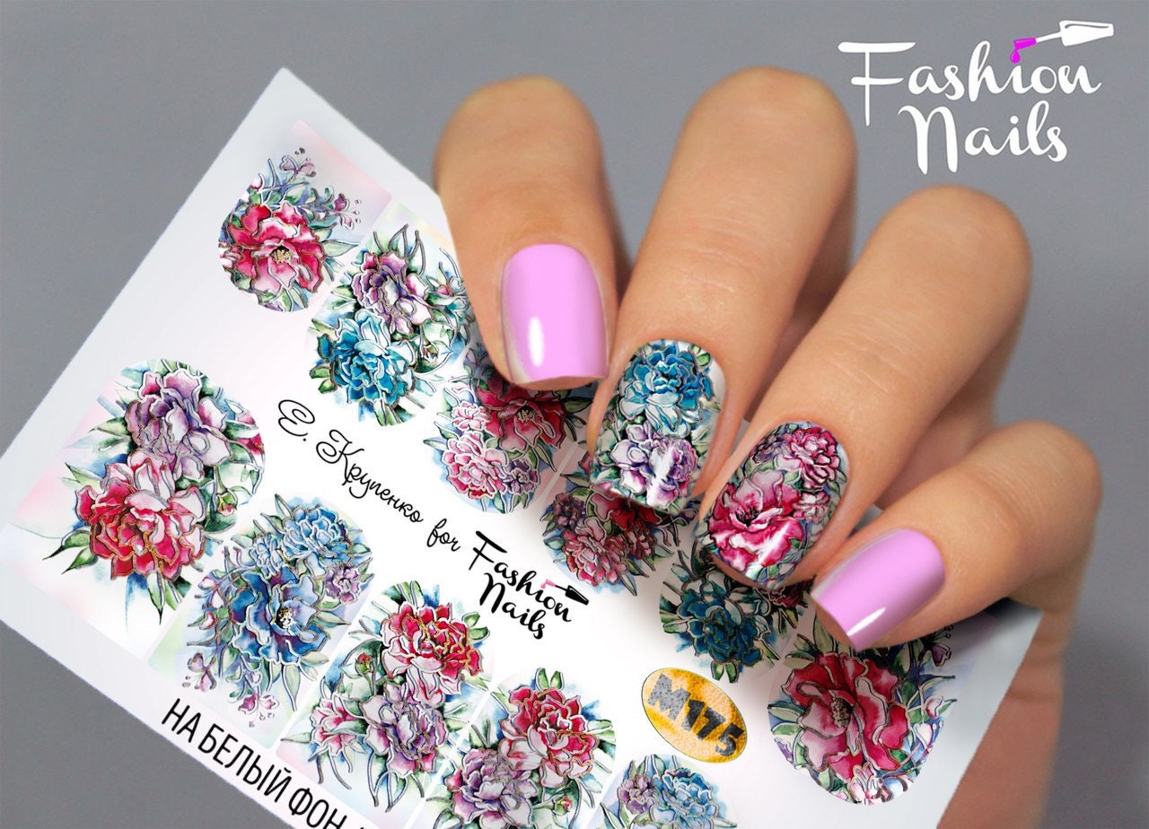Floral nail decals Pink nail water transfer Purple nail stickers Nail wraps Foil nail slider DIY nail tattoo Blue