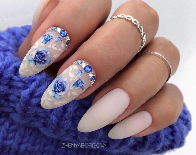 Floral Nail Decals Blue Roses Nail Water Transfer Pink Roses Etsy
