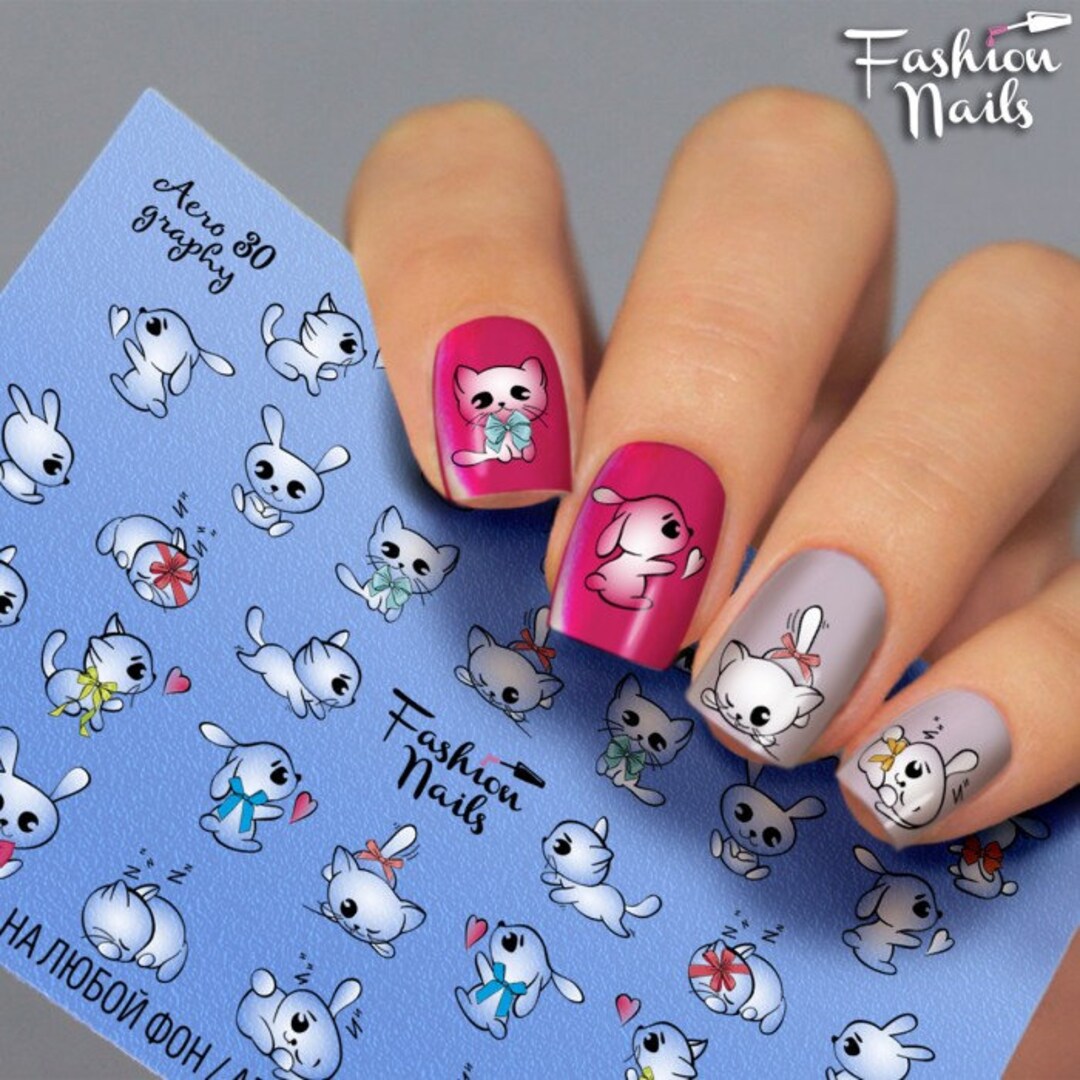 White Bunny Nail Decals Lace Nail Water Transfer Cats Nail Etsy