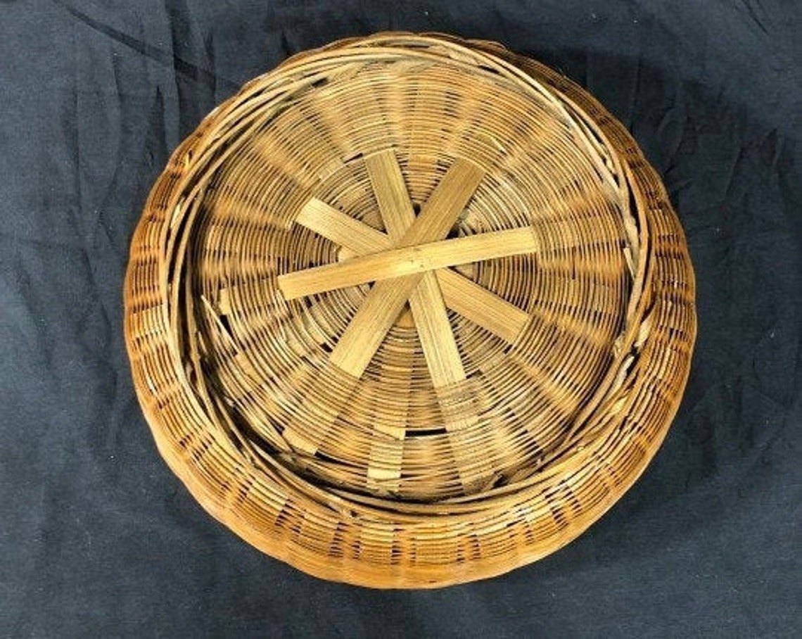 Vintage Round Woven Wicker Basket With Lid Etsy