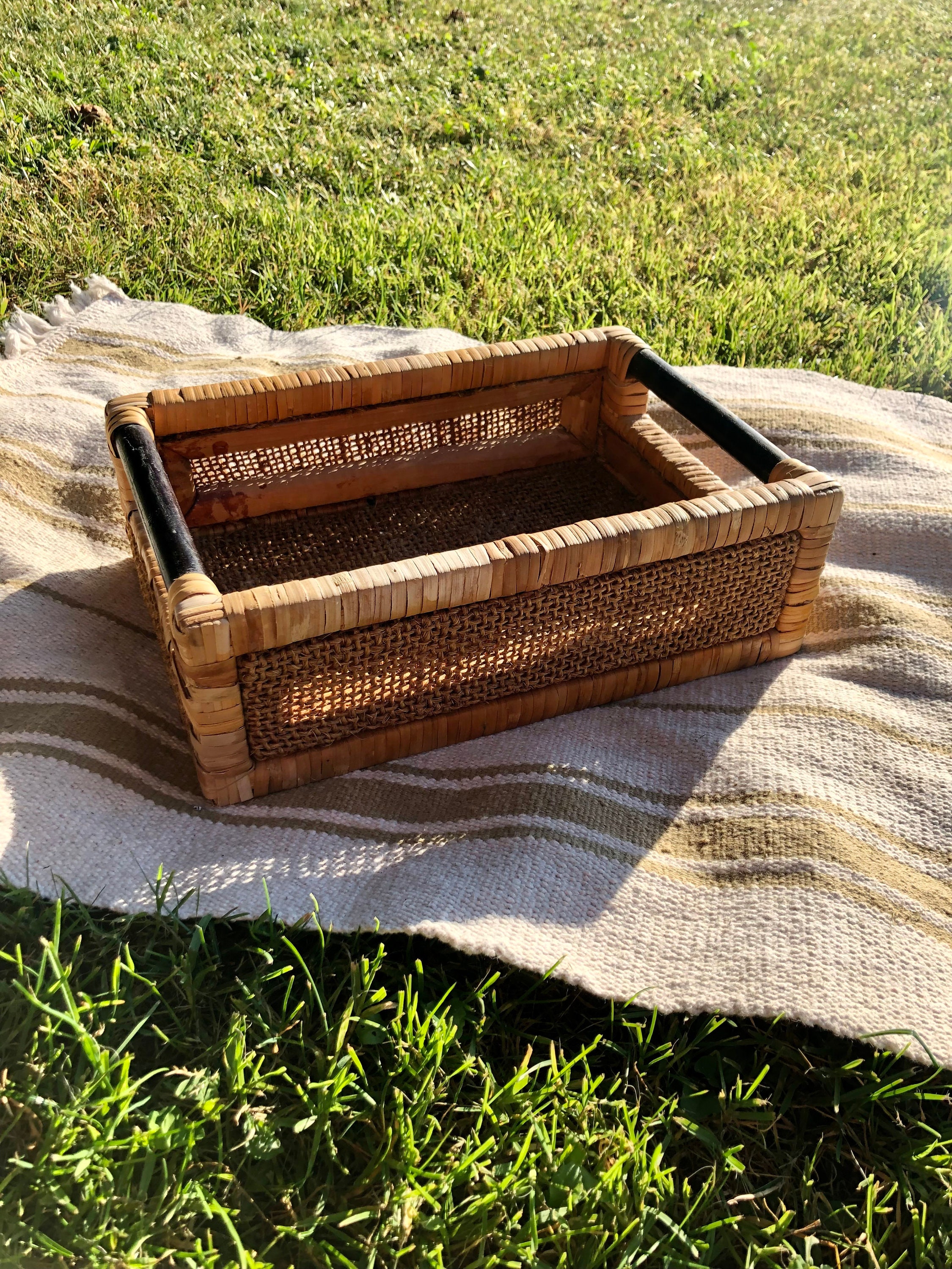 Rectangular Brown Wicker Tray with Handles Etsy