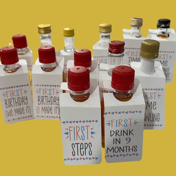 First Milestone Mini Alcohol Bottles Tags - great for new moms or moms to be - Gifts/baby shower/