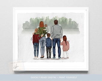 Personalized Family Print, Family Portrait Illustration, Modern, Family Portrait Gift for Grandparents, Blended Family