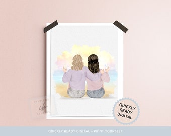 Sisters Together Print, Best Sisters, Sister Sitting Portrait, Cheers Sisters, Besties, Birthday Gift for Her, Personalized Wall Art, Custom