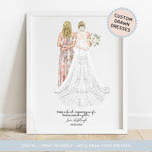 Mother of the Bride, Print, Custom Drawn Dress, Personalized Wedding Illustration, Custom Bridal Gifts, Portrait from Photos, Mom and Bride