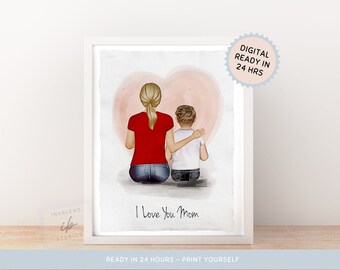 I Love You Mom, Gift for Mom, Gifts for Her, Valentine's Day Gifts for Mom | Mother and Son Portrait| Custom Artwork | Custom Wall Art