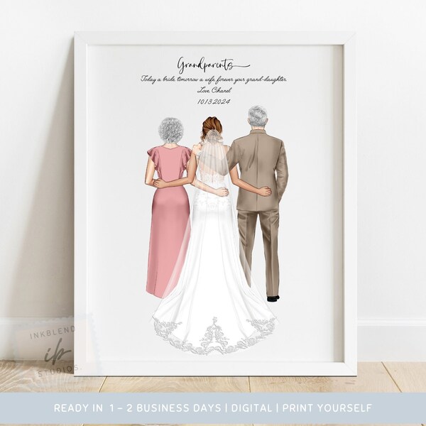 Grandparents of the Bride, Print, Wedding Drawing, Illustration, Wedding Family Design, From Granddaughter, Gifts for Grandparents