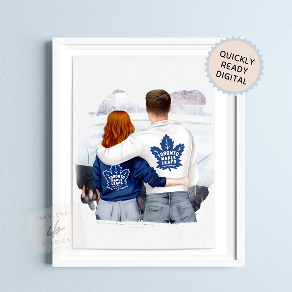 Hockey Couple Portrait, Print, Hockey Game, Sports Fan, Anniversary Gifts, Birthday Gift for Him, First Date Artwork, Hockey Date, Printable