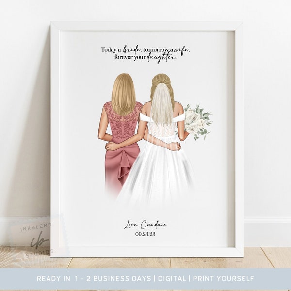Mom and Bride, Print, Close Up, From your Daughter, Elegant, Gifts for Mother. of the Bride, Hand Drawn Wedding Portrait, Printable, For Mom