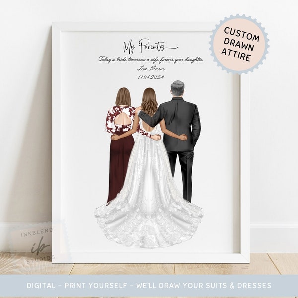 Parents of the Bride, Custom Drawn Attire Print, Mother of the Bride, Father of the Bride, Bridal Gifts, Printable, Wedding Décor