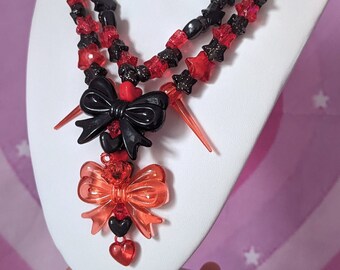 Black and red Gothic style two layer Necklace "Bows and spikes"