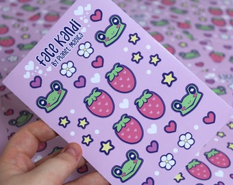 Face Kandi "Strawberry Frog" Kawaii, Decora A6 Face Sticker Sheet. For Harajuku jfashion like fairy kei