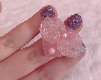 pink and white heart angel wing ring with pink gems mahou kei, jfashion, fairy kei