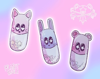 Pill Pets Sticker Pack, 3 Cute Menhera, Yami Kawaii Pill Stickers, Cat, Bear, Bunny
