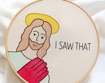 Peeking Jesus I Saw That | Finished Embroidery Hoop Art | Wall Hanging | Funny Meme | decor