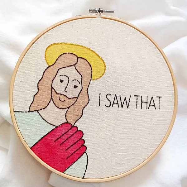 Als ich Jesus sah, sah ich das | Fertige Stickrahmen-Kunst | Wandbehang | Lustiges Meme | Dekor