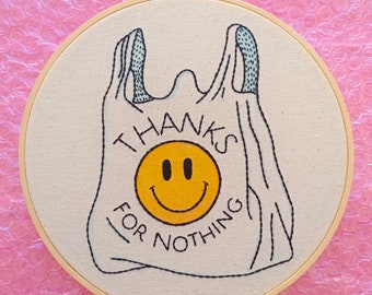 Thanks For Nothing | Finished Embroidery Hoop Art | Funny Wall Decor | Meme