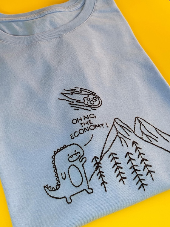 Dinosaur Oh No The Economy Meme - Hand Embroidered T-Shirt