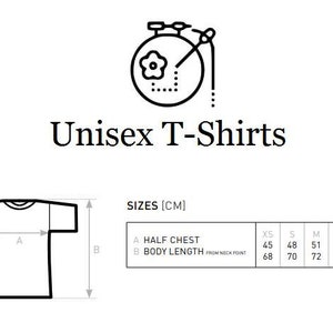 May include: Unisex t-shirt size chart in centimeters. The chart shows the half chest and body length measurements for sizes XS, S, M, L, and XL.