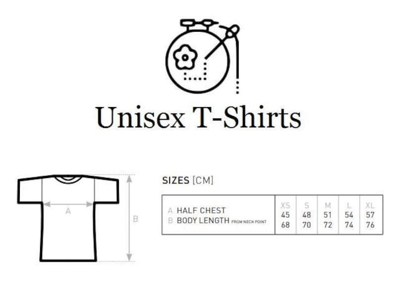 May include: Unisex t-shirt size chart in centimeters. The chart shows the half chest and body length measurements for sizes XS, S, M, L, and XL.