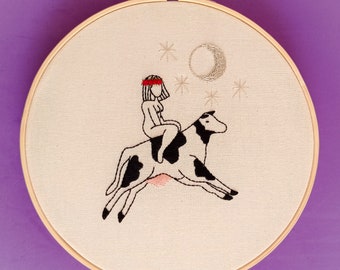 Flying Cow Girl | Embroidery Hoop Art | Wall Decor | Witchy Aesthetic | Wicca | Goth | Esoteric | zodiac