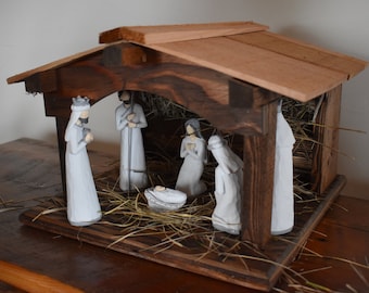 Handcrafted Wooden Nativity Stable with barnwood or red cedar shingled roof