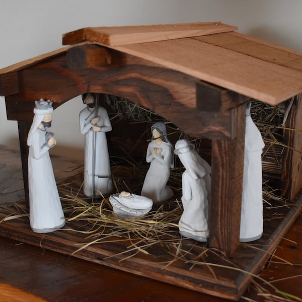 Handcrafted Wooden Nativity Stable with barnwood or red cedar shingled roof