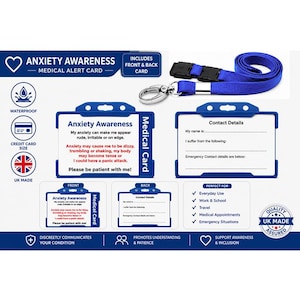 Anxiety Awareness Medical Alert Card | Hidden Disability ID Card | Anxiety Emergency Contact Card | Blue Lanyard & Waterproof Holder