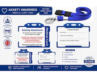 Anxiety Awareness Medical Alert Card | Hidden Disability ID Card | Anxiety Emergency Contact Card | Blue Lanyard & Waterproof Holder