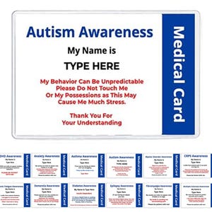 Autism Awareness Disability Hidden Disability ID Card Personalised With Your Name and Emergency Contact Number Credit Card Size