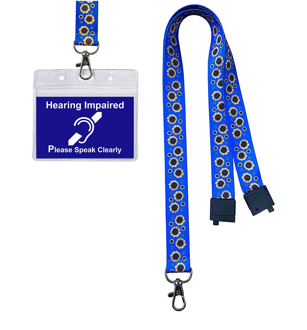 Plastic Hearing Impaired Disability Card With Blue Sunflower Lanyard