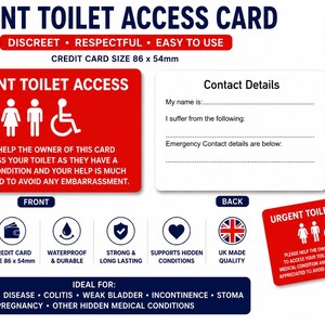 Urgent Toilet Access Card | Weak Bladder Medical Card | IBS Crohn's Colitis Toilet Pass | Incontinence Restroom Access | Plastic Wallet Card Red Badge Only