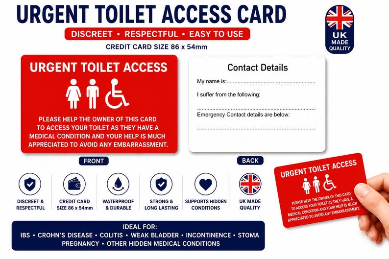 Urgent Toilet Access Card | Weak Bladder Medical Card | IBS Crohn's Colitis Toilet Pass | Incontinence Restroom Access | Plastic Wallet Card Red Badge Only