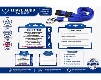 ADHD Awareness Medical Alert Card | Hidden Disability ID Card | ADHD Emergency Contact Card | Blue Lanyard & Waterproof Holder