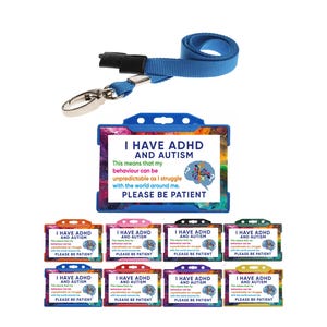Tarjetas de plástico impresas con mensaje "Tengo TDAH y autismo", discapacidad oculta, con tarjeteros y cordones lisos (elige tu color)