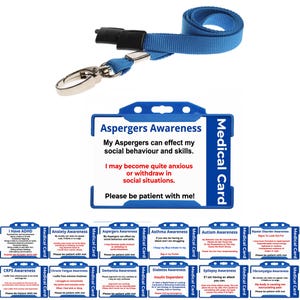 Tarjeta médica de identificación por discapacidad y concienciación sobre el síndrome de Asperger: con cordón azul y soporte para credencial de identificación azul Tengo una condición de salud discapacitada oculta