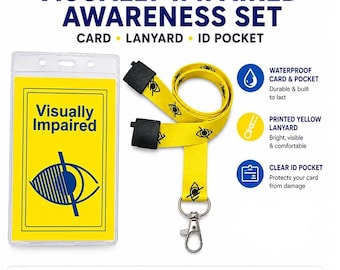 Visually Impaired Hidden Disability ID Card with Printed Yellow Lanyard | Waterproof Clear ID Holder |  Vision Awareness Badge