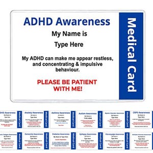 ADHD Awareness Disability Hidden Disability ID Card Personalised With Your Name and Emergency Contact Number Credit Card Size