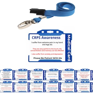 Tarjetas médicas de discapacidad de concientización sobre CRPS: con cordón azul y soporte azul para tarjeta de identificación Tengo una condición de salud de discapacidad oculta