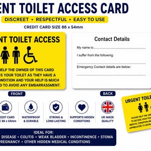 Urgent Toilet Access Card | Weak Bladder Medical Card | IBS Crohn's Colitis Toilet Pass | Incontinence Restroom Access | Plastic Wallet Card Yellow Badge Only