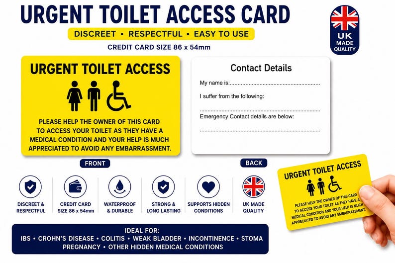 Urgent Toilet Access Card | Weak Bladder Medical Card | IBS Crohn's Colitis Toilet Pass | Incontinence Restroom Access | Plastic Wallet Card Yellow Badge Only