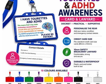 Tourettes & ADHD ID Card with Lanyard | Hidden Disability Awareness Card | Rear Emergency Contact Card | Autism Friendly