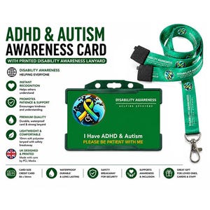 ADHD & Autism Hidden Disability Card and Printed World Disability Awareness Lanyard, Medical Alert ID Badge, UK Made