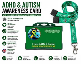Tarjeta de identificación para personas con TDAH y autismo (discapacidad invisible) y cordón impreso con el lema "Concienciación mundial sobre la discapacidad", credencial de alerta médica, fabricada en el Reino Unido.