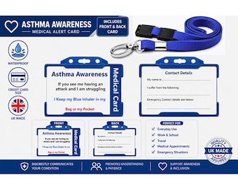 Asthma Awareness Medical Alert Card | Hidden Disability ID Card | Asthma Emergency Contact Card | Blue Lanyard & Waterproof Holder