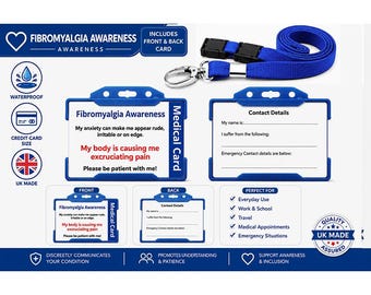 Fibromyalgia Awareness Medical Alert Card | Hidden Disability Card | Chronic Pain Emergency Contact Card | Blue Lanyard Waterproof Holder