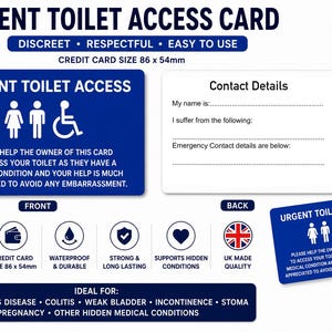 Urgent Toilet Access Card | Weak Bladder Medical Card | IBS Crohn's Colitis Toilet Pass | Incontinence Restroom Access | Plastic Wallet Card Blue Badge Only