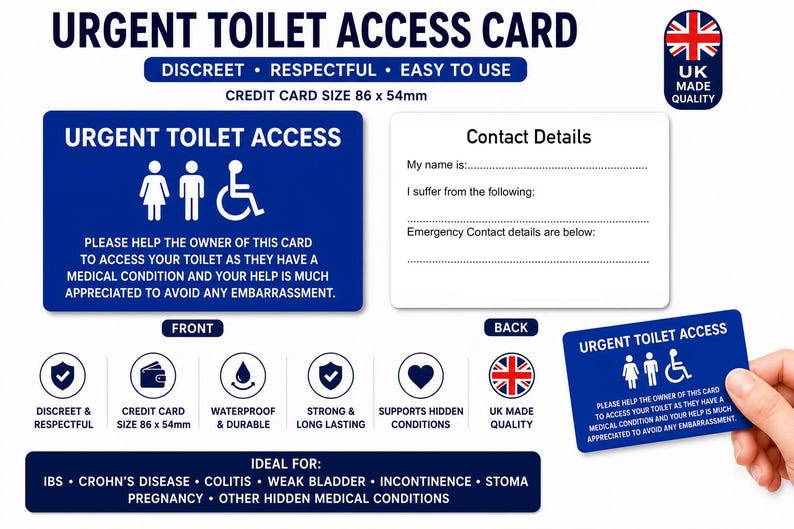 Urgent Toilet Access Card | Weak Bladder Medical Card | IBS Crohn's Colitis Toilet Pass | Incontinence Restroom Access | Plastic Wallet Card Blue Badge Only