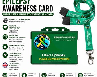 Epilepsy Hidden Disability Card and Printed World Disability Awareness Lanyard | Medical Alert ID Badge | Invisible Disability Card